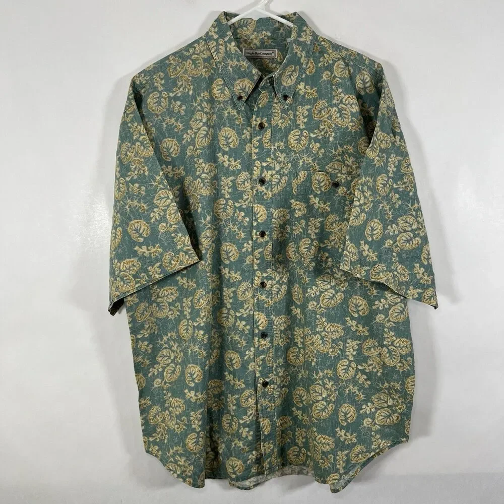Vintage Bugle Boy Short Sleeve Button Down Shirt Mens XL Blue Beige Floral Ramie